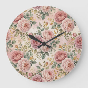 Grande Horloge Ronde Roses Charme Rustique Rose Poussiéreuse Vert Sauge