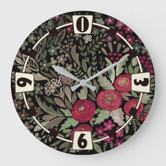 Grande Horloge Ronde Roses d'aquarelle sur un arrière - plan noir, aqua (Recto)