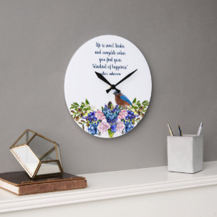 Grande Horloge Ronde Roses de choux et Citation du bonheur des oiseaux