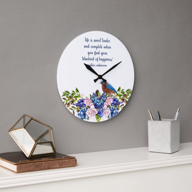 Grande Horloge Ronde Roses de choux et Citation du bonheur des oiseaux  (Bureau)