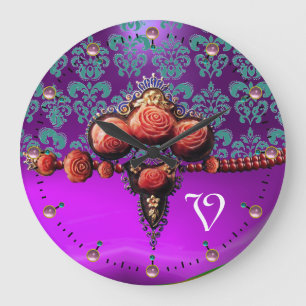 GRANDE HORLOGE RONDE ROSES DE CORAIL ROUGE, MONOGRAMME BLEU PURPLE DOMM