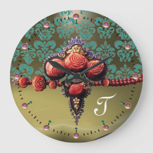 GRANDE HORLOGE RONDE ROSES DE CORAIL ROUGE, MONOGRAMME DE DAMASSÉ DE