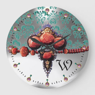 GRANDE HORLOGE RONDE ROSES DE CORAIL ROUGE, MONOGRAMME DE DOMMAQUES BLA