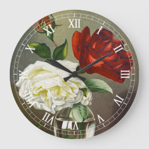 Grande Horloge Ronde Roses de jardin anciennes dans un vase en verre