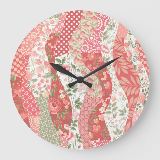 Grande Horloge Ronde Roses de Patchwork : conception motif transparente (Recto)