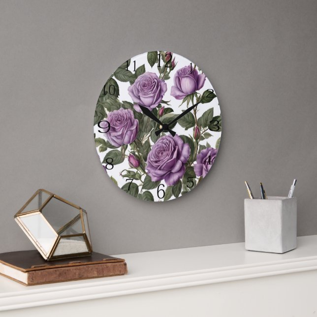 Grande Horloge Ronde Roses de Rose pourpre, (Bureau)
