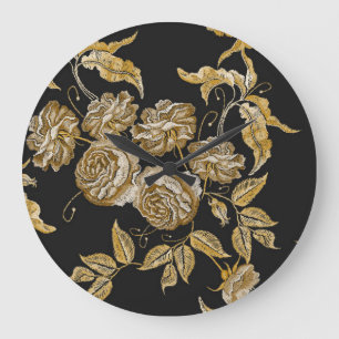 Grande Horloge Ronde Roses d'or : Motif de broderie Vintage