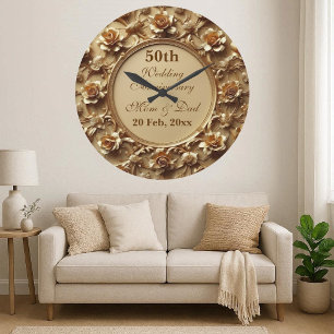 Grande Horloge Ronde Roses Dorées Vintage Maman Papa 50 Ans de Mariage