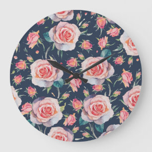 Grande Horloge Ronde Roses et Rosebuds : Floral Seamless.
