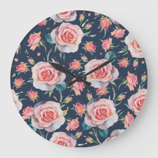 Grande Horloge Ronde Roses et Rosebuds : Floral Seamless.