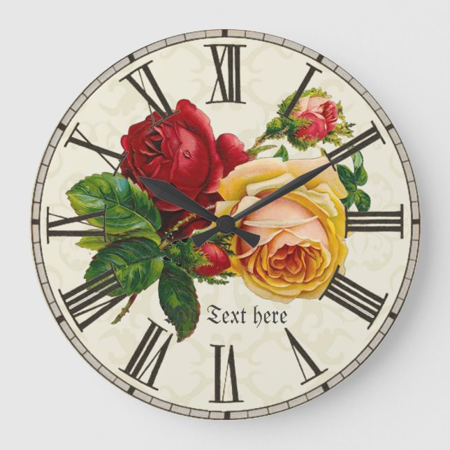 Grande Horloge Ronde Roses peints vintages personnalisés (Recto)