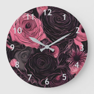 Grande Horloge Ronde Roses romantiques roses et noirs gothiques