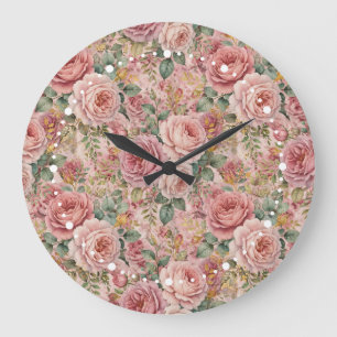 Grande Horloge Ronde Roses Rose Poussiéreuse Vert Sauge Or Charme Rusti