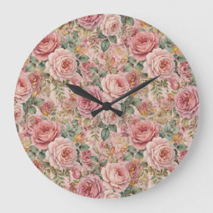 Grande Horloge Ronde Roses Rose Poussiéreux Charme Élégant Vert Sauge O