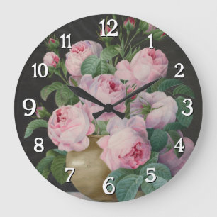 Grande Horloge Ronde Roses roses dans un vase - Pierre Joseph Redouté