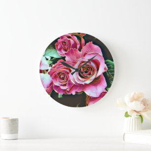 GRANDE HORLOGE RONDE ROSES ROSES FLEURS