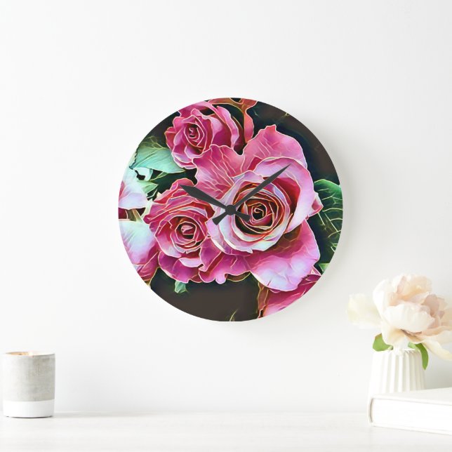 GRANDE HORLOGE RONDE ROSES ROSES FLEURS (Maison)