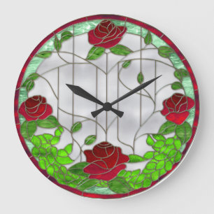 Grande Horloge Ronde Roses rouges en verre souillé
