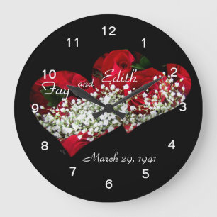 Grande Horloge Ronde Roses rouges et Coeurs doubles Horloge- personnali