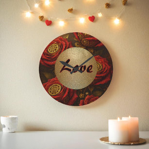 Grande Horloge Ronde Roses Steampunk Luxueuses Rouages Dorés Romantique