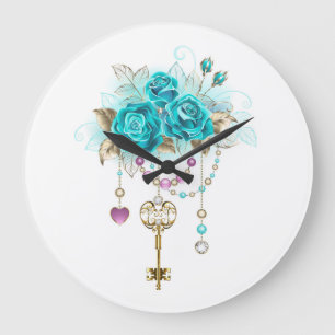 Grande Horloge Ronde Roses turquoise avec touches