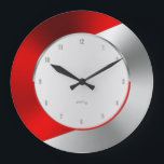 Grande Horloge Ronde Rouge & Argent Moderne Métallurgique Design géomét<br><div class="desc">Elégant slick moderne rouge et gris argenté impression de texture métallique cool design dynamique abstrait.</div>
