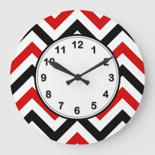 Grande Horloge Ronde Rouge, Blanc, Noir Grand motif chevron zigzag