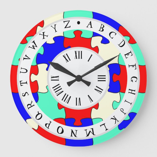 Grande Horloge Ronde Rouge, bleu et blanc, scie et alphabet anglais (Recto)
