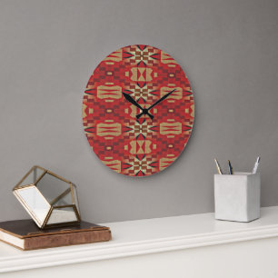 Grande Horloge Ronde Rouge Brun Foncé Beige Rouille Orange Art Tribal