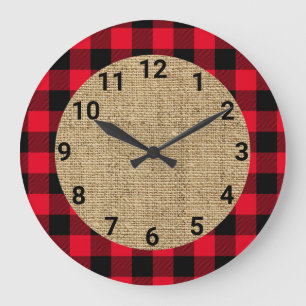 Grande Horloge Ronde Rouge et noir buffalo carreau de jute rond