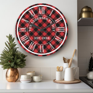 Grande Horloge Ronde Rouge Et Noir Buffalo Plaid Rustique Chiffre Romai