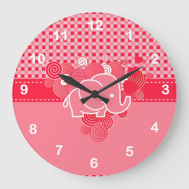Grande Horloge Ronde Rouge et rose avec un bébé éléphant (Recto)