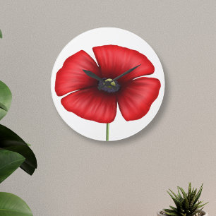 Grande Horloge Ronde Rouge Fleur de pavot Moderne Floral Arrondi Horlog