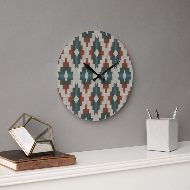 Grande Horloge Ronde Rouge foncé Brown Turquoise bleu gris Motif d'art  (Bureau)