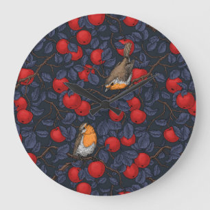 Grande Horloge Ronde Rouge-gorges dans le pommier/bleu et rouge