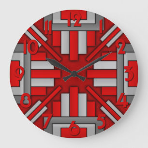 Grande Horloge Ronde Rouge-Gris géométrique des années 1920 d'art d