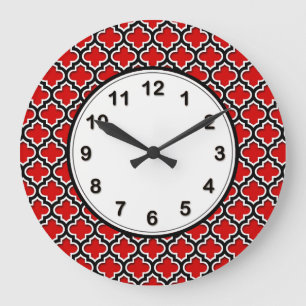 Grande Horloge Ronde Rouge noir blanc Marocain Quatrefoil Motif #5DS