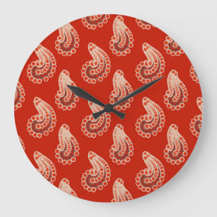 Grande Horloge Ronde Rouge rouille, blanc et gris paisley