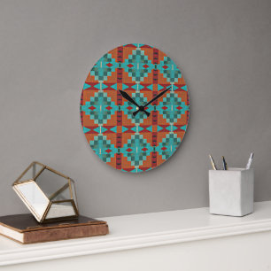 Grande Horloge Ronde Rouge Rust Orange Turquoise Turquoise Blue Tribal