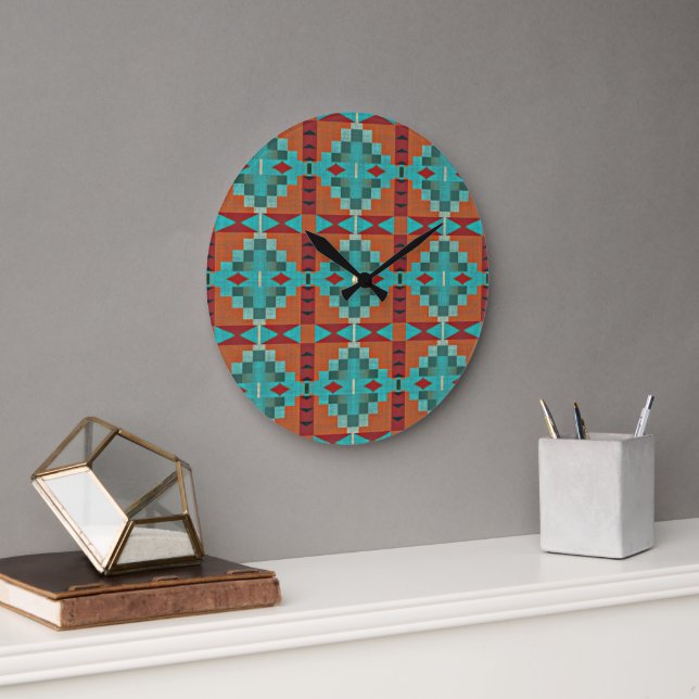 Grande Horloge Ronde Rouge Rust Orange Turquoise Turquoise Blue Tribal  (Bureau)