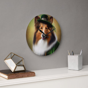 Grande Horloge Ronde Rough Collie Chien dans la tenue de la Saint Patri