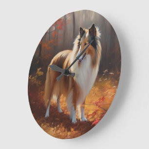 Grande Horloge Ronde Rough Collie dans l'automne Leaves automne Inspire