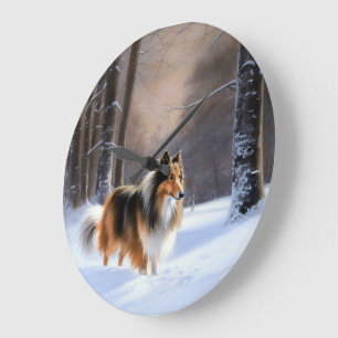 Grande Horloge Ronde Rough Collie Laisser Neige Noël