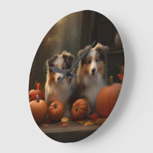 Grande Horloge Ronde Rough Collie Puppy Automne Citrouille de plaisir