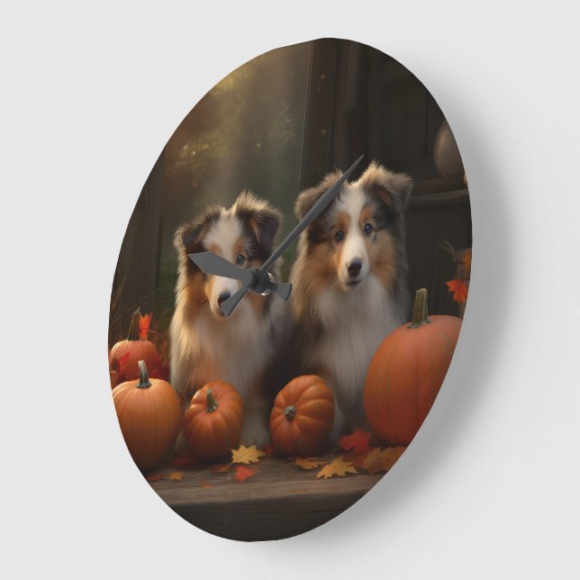 Grande Horloge Ronde Rough Collie Puppy Automne Citrouille de plaisir (Angle)