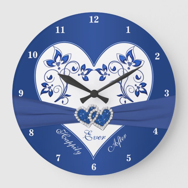 Grande Horloge Ronde Royal Blue, Blanc Floral Coeur Heureux Jamais Aprè (Recto)
