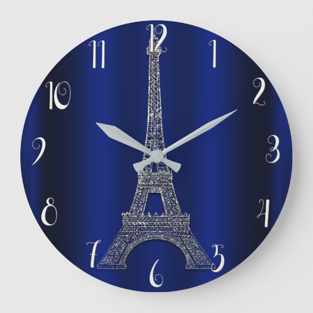 Grande Horloge Ronde Royal Blue & Silver Eiffel Tower Paris Modern Glam (Recto)