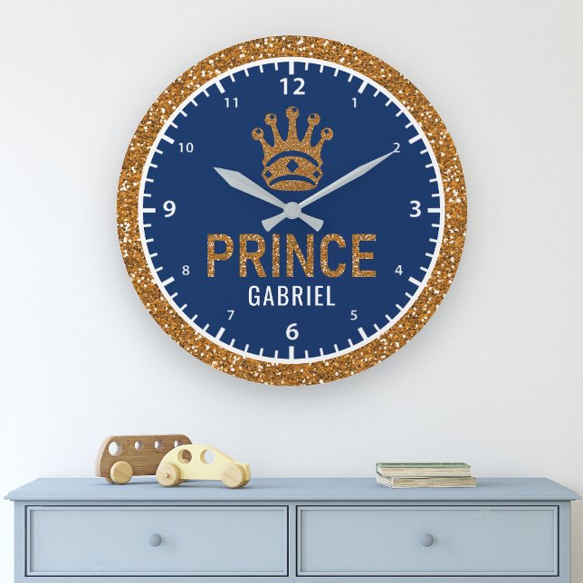 Grande Horloge Ronde Royal Prince Faux Gold Glitter Crown Boys (Créateur téléchargé)