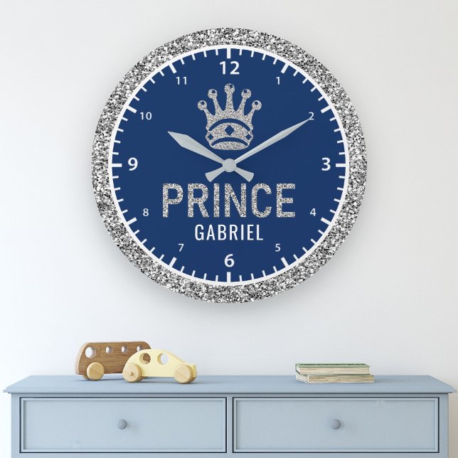 Grande Horloge Ronde Royal Prince Faux Silver Glitter Crown Boys (Créateur téléchargé)