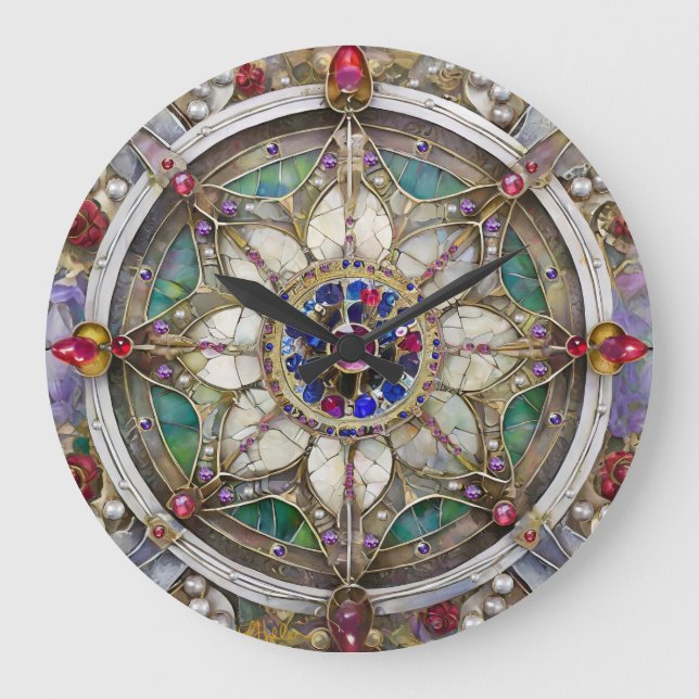 Grande Horloge Ronde Ruby, Amethyst, Sapphire et Pearl Mandala (Recto)